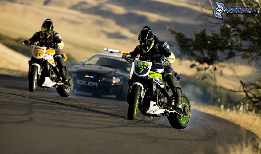 drifting, motorbikes, moto-biker, police car