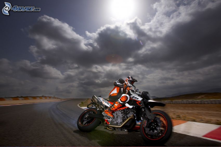 KTM 990, moto-biker, speed, racing circuit, clouds, sun