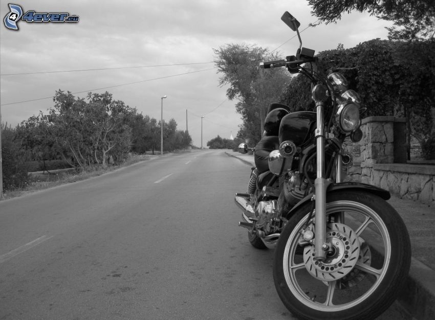 motocycle, road, black and white photo