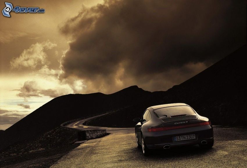Porsche Carrera, road, hills, cloud