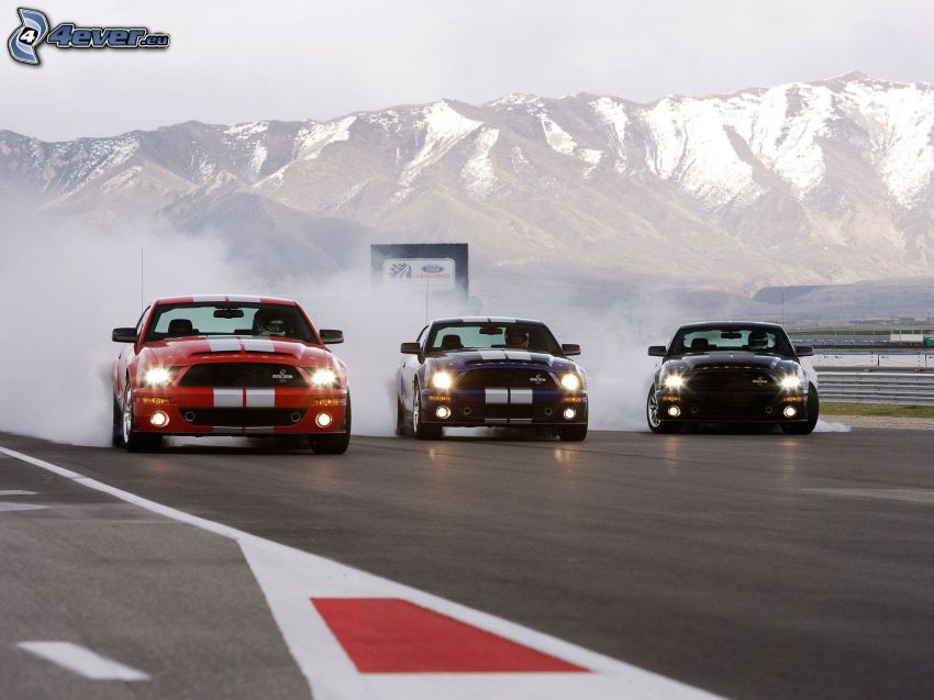Ford Mustang Shelby GT500, racing car, racing circuit, smoke, snowy hills