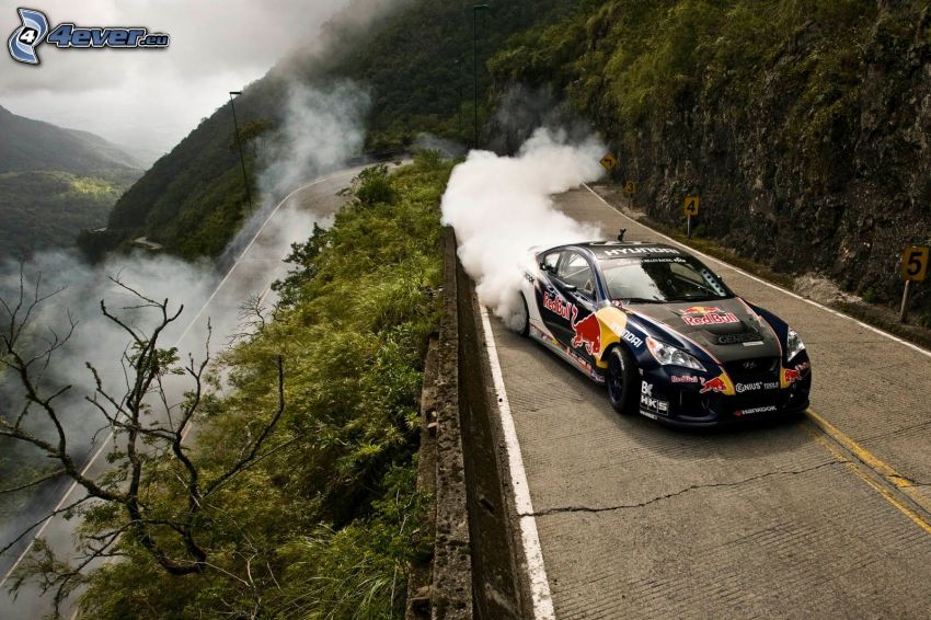 Hyundai, drifting, road, hills, smoke