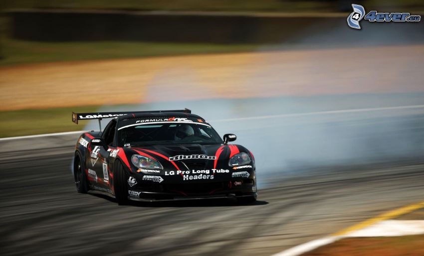 racing car, drifting, smoke, racing circuit