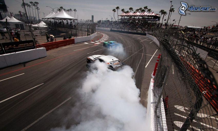 racing car, drifting, smoke, racing circuit