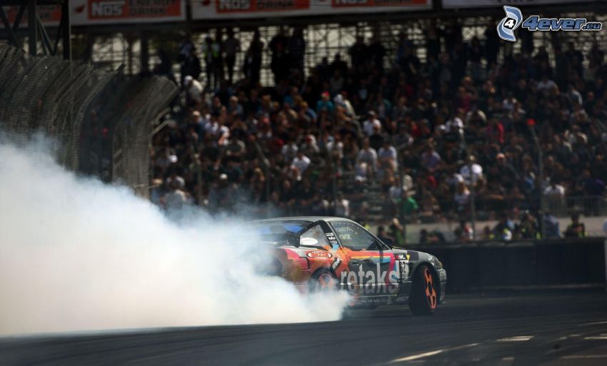 racing car, drifting, smoke, spectators