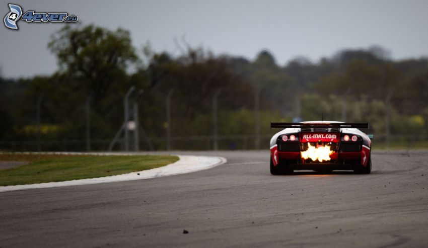 racing car, flame, racing circuit