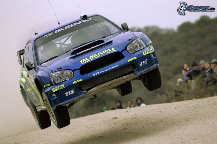 Subaru Impreza, jump, dust, spectators
