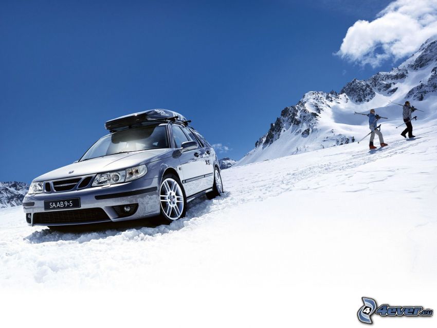 Saab 9 5 Aero, snow, rocky hills, people, sky