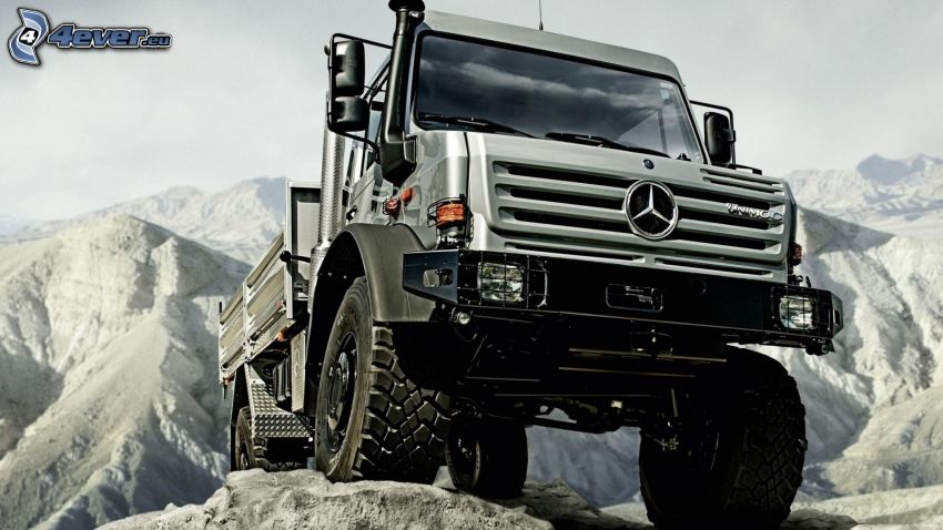 Mercedes, large truck, terrain, snowy hills