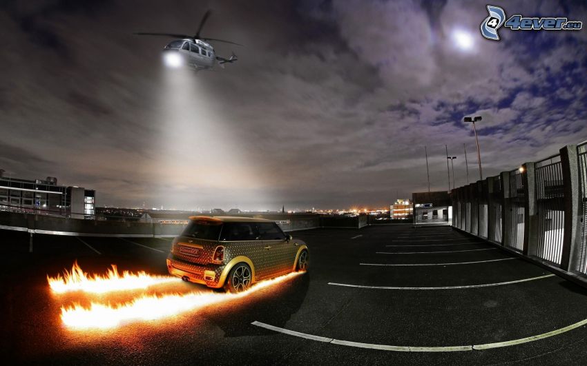 Mini Cooper, arcing, helicopter, light, car park, clouds