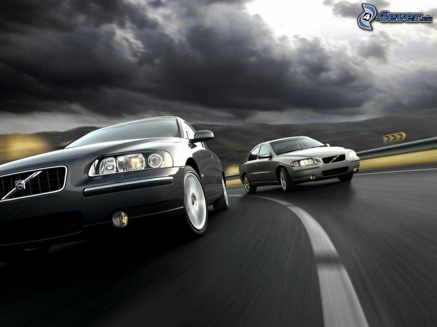 Volvo S60, speed, road, clouds