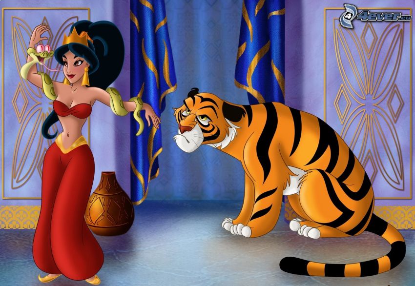 Aladdin, cartoon woman, tiger