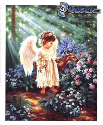 angel, baby, doe, forest, flowers