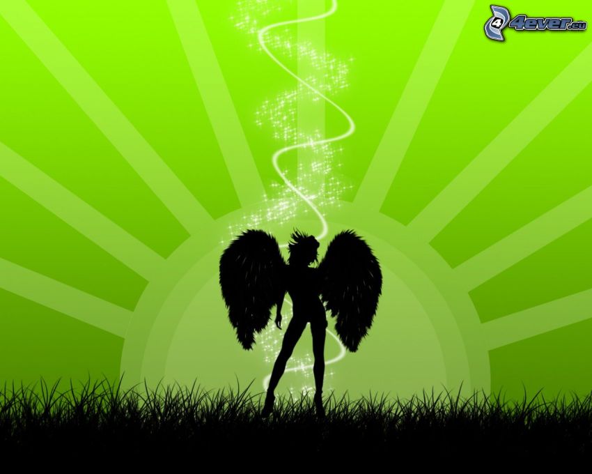 angel, green background, sun, woman silhouette