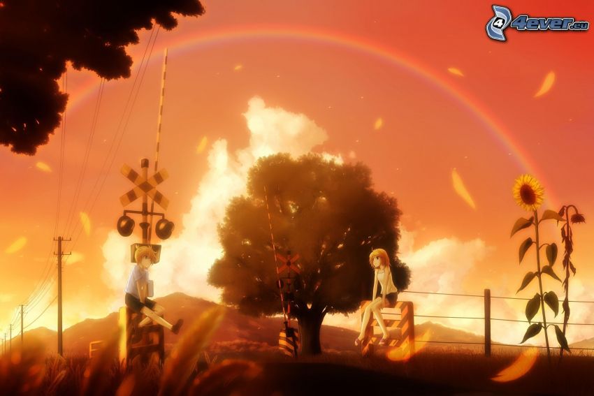 anime couple, sunflower, rainbow, rail crossing