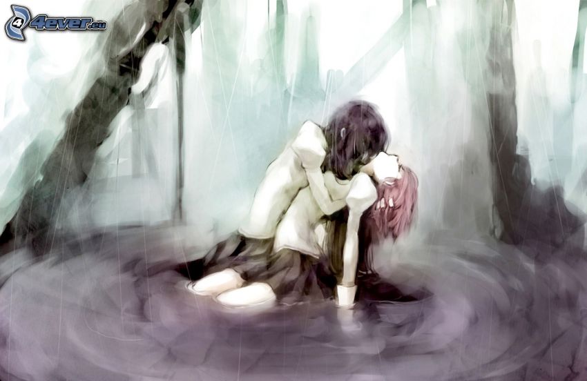 anime couple, water, hug
