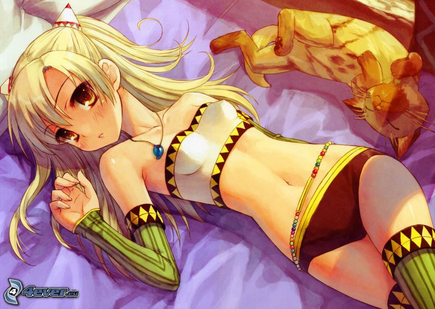 anime girl, blonde, sleeping cat