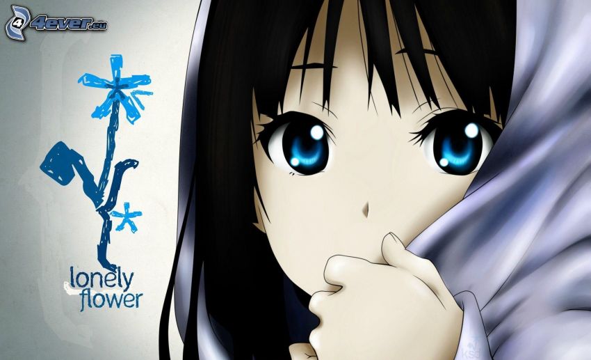 anime girl, blue eyes, cartoon flower