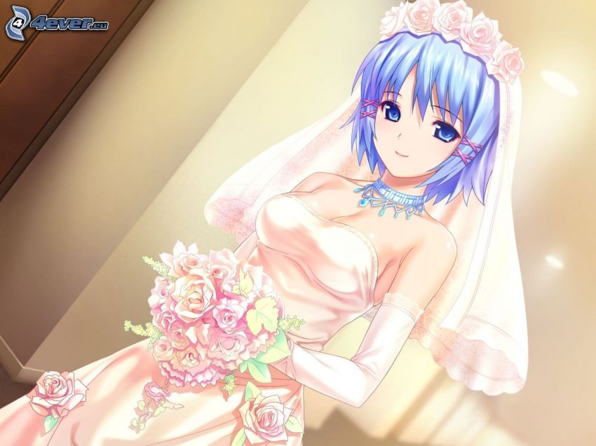 anime girl, bride, blue hair