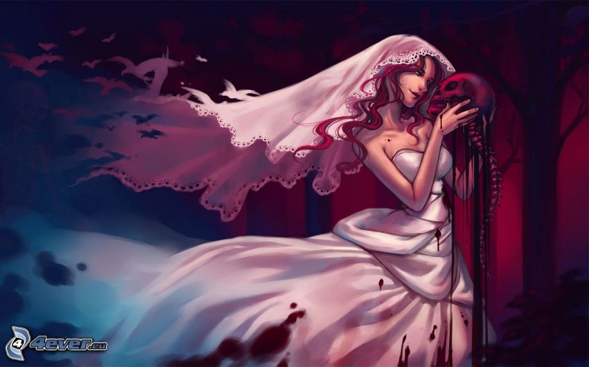 anime girl, bride, skull, white dress