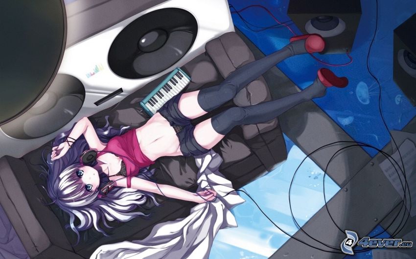 anime girl, couch, speakers, music, headphones