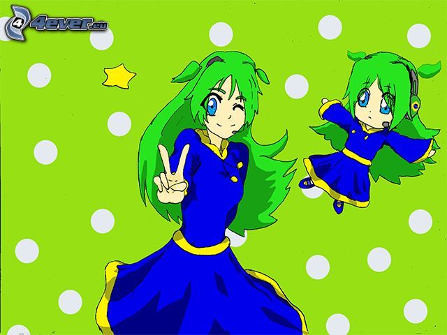 anime girl, fingers, green hair, blue dress, dots