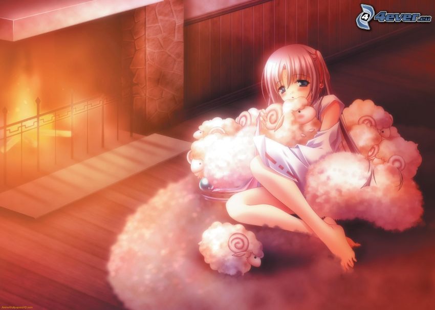 anime girl, fireplace, fire, sheep