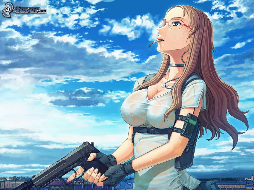 anime girl, girl with a gun, clouds