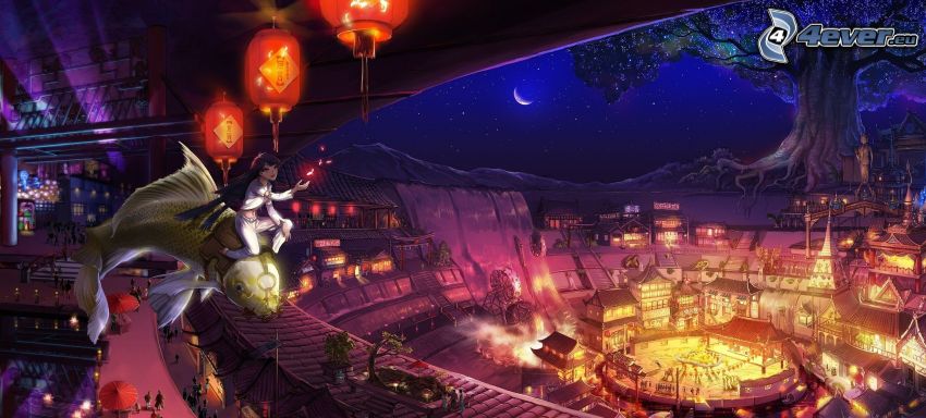 anime girl, goldfish, night, view of the city