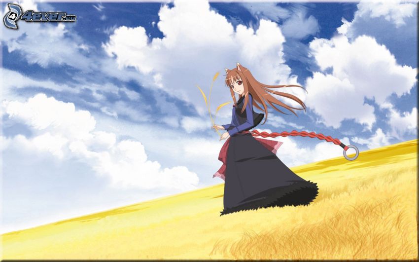 anime girl, meadow, clouds