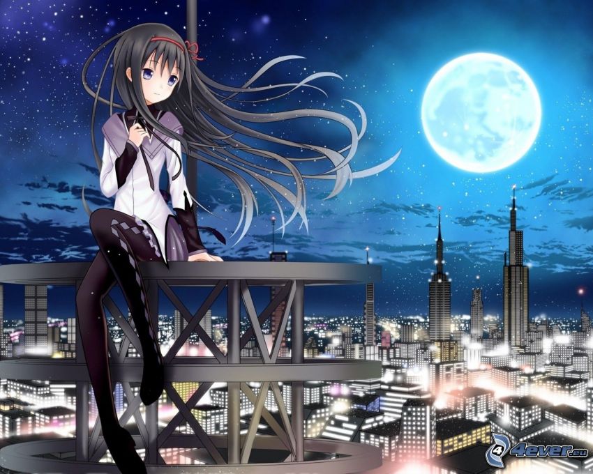 anime girl, night city, moon