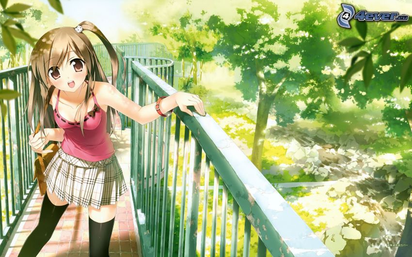 anime girl, pedestrian bridge, trees