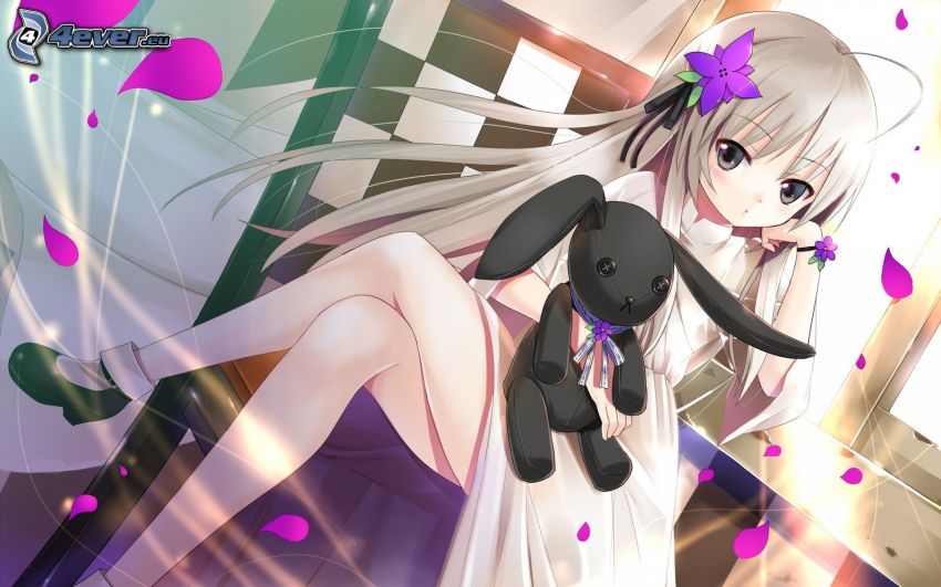 anime girl, plush rabbit