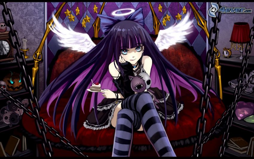 anime girl, purple hair, angel, wings