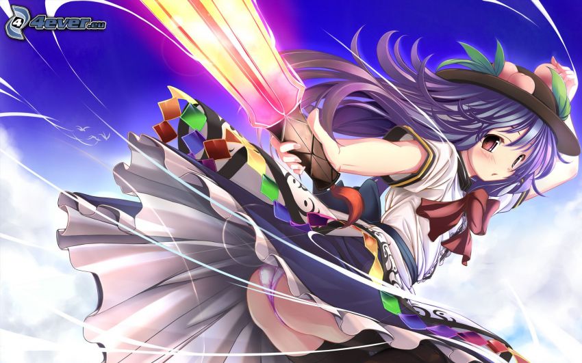 anime girl, purple hair, girl with sword