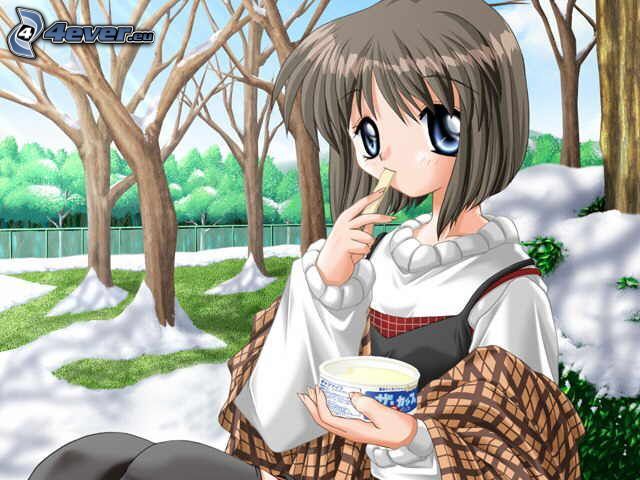 anime girl, snowy meadow