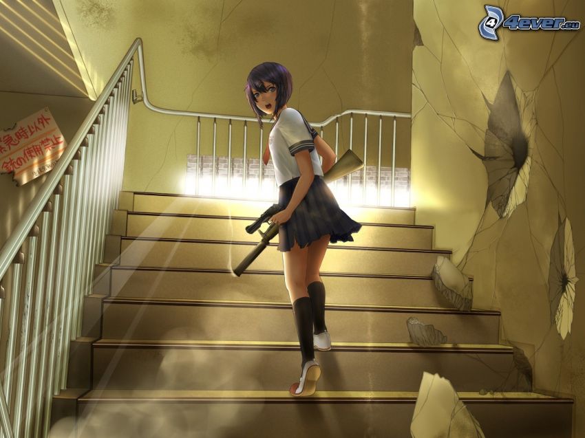 anime girl, stairs