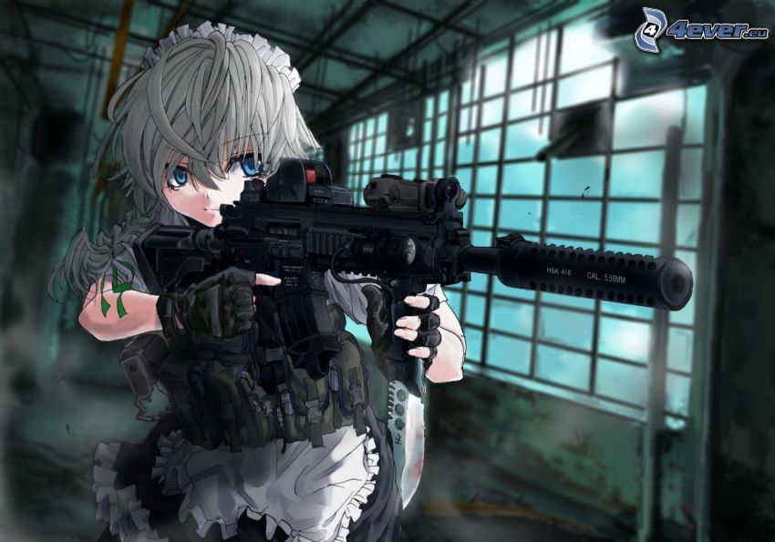 anime girl, submachine gun