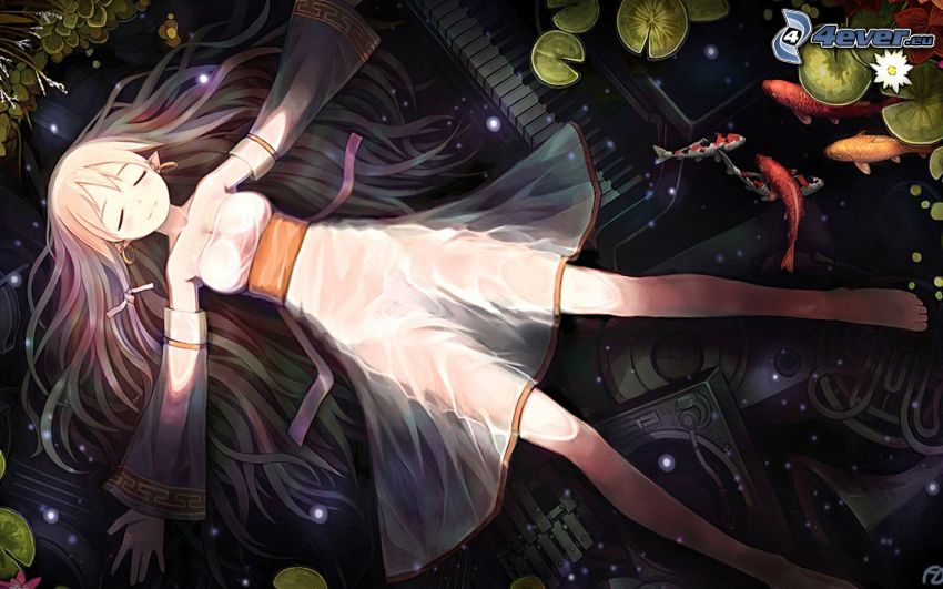 anime girl, water lilies