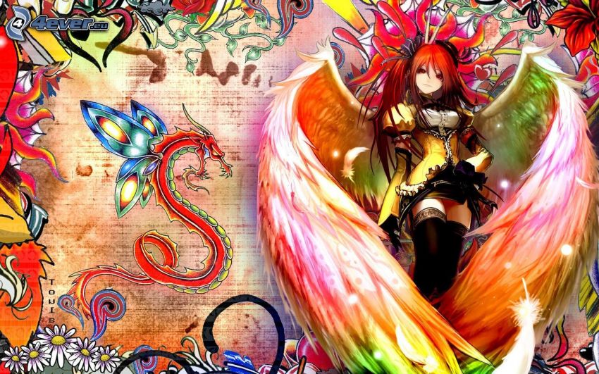 anime girl, wings, dragon, colors