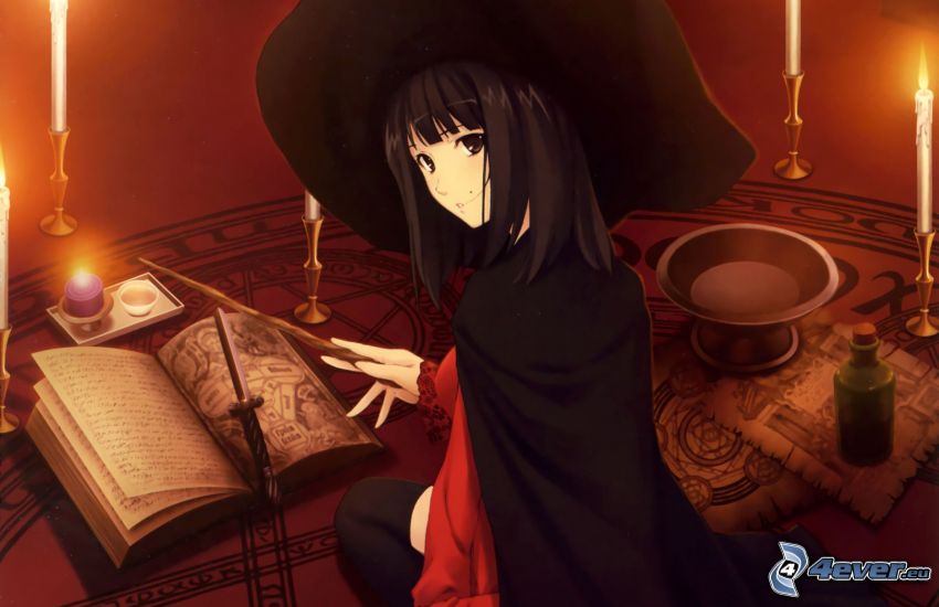 anime girl, witch, old book, candles