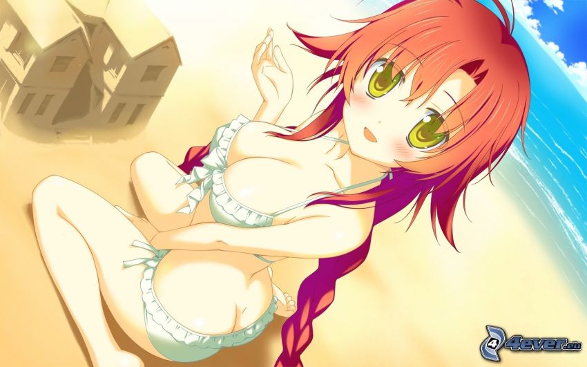 anime girl, woman in underwear, sandy beach
