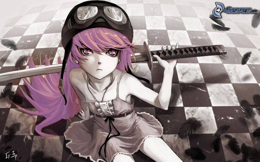anime girl on the floor, sword, katana