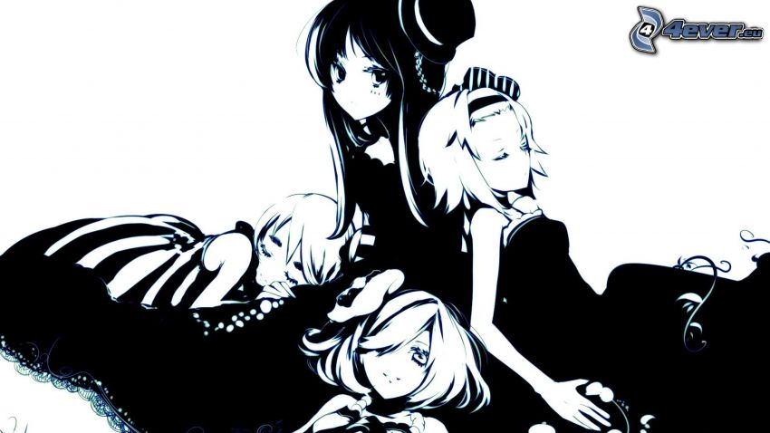 anime girls, black and white