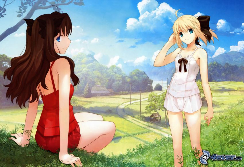 anime girls, cartoon landscape