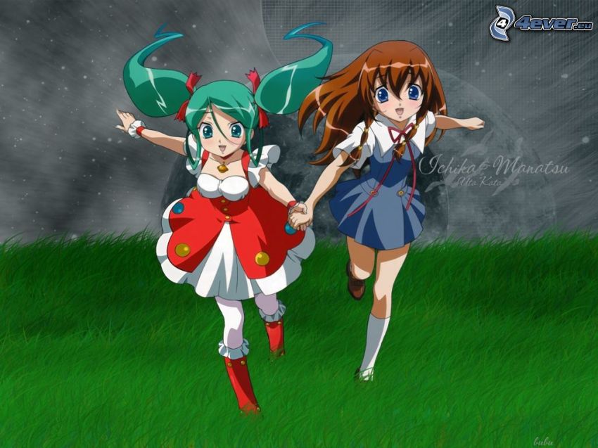 anime girls, green meadow, running
