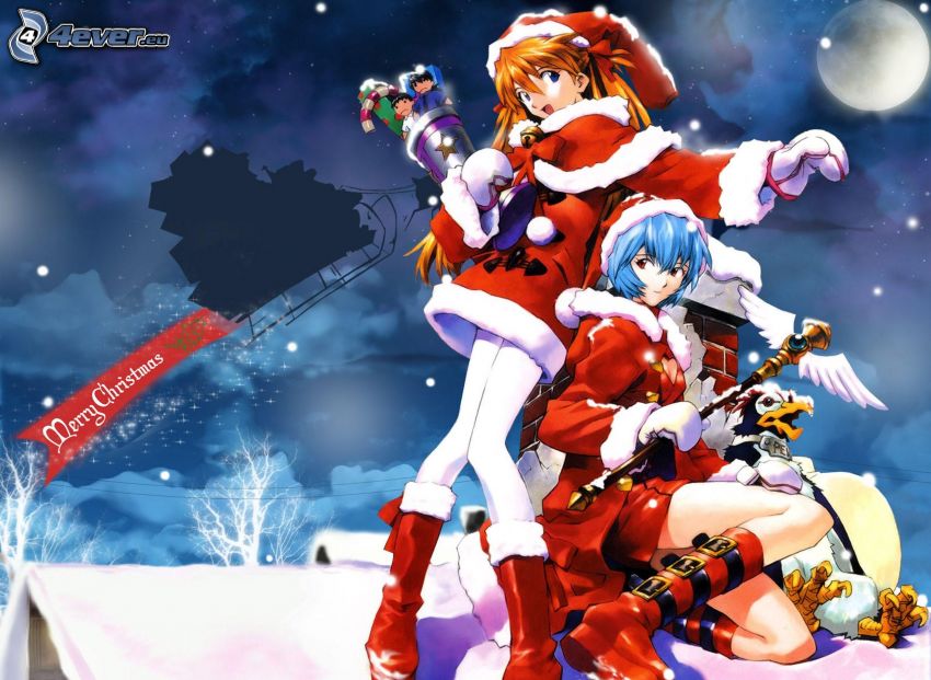 anime girls, Santa Claus costume, Merry Christmas