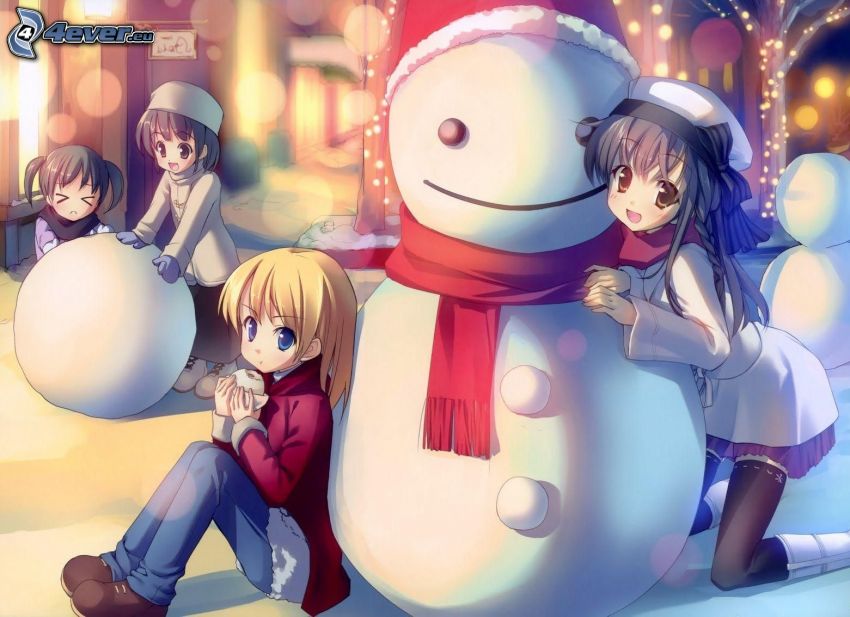 anime girls, snowman