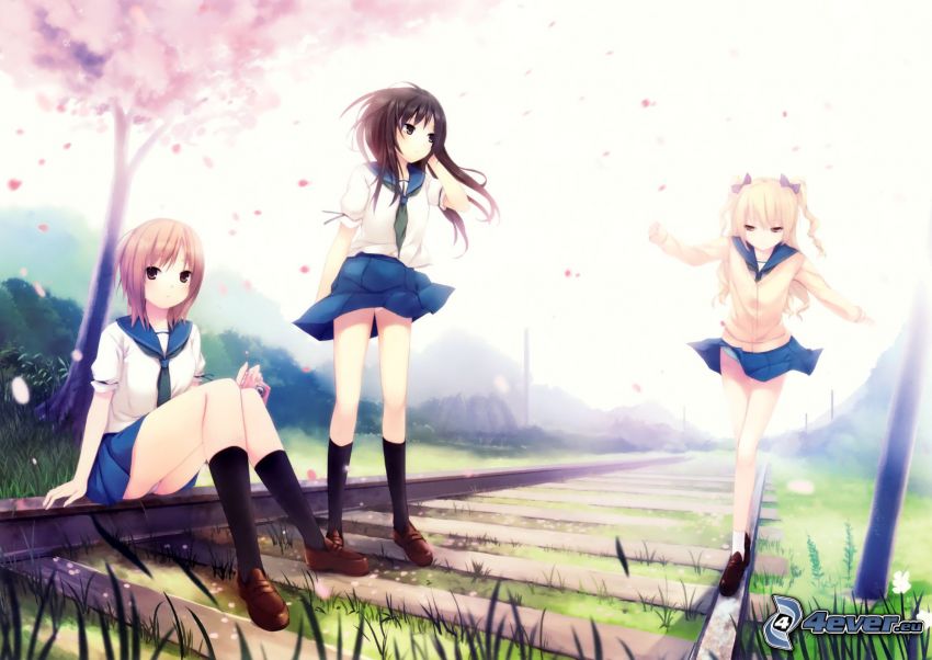 anime girls, uniform, rails