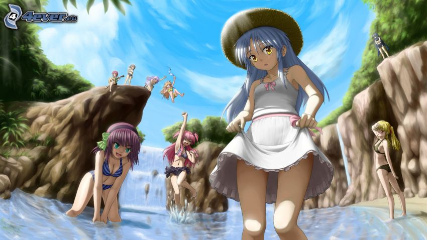 anime girls, waterfall, River